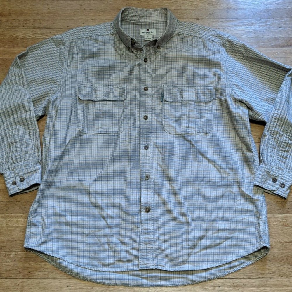 Men's WOOLRICH Outdoors British Tan Plaid L/S Button Down Flannel Shirt XL EUC